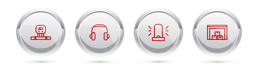 Set line Smart sensor, Headphones, Flasher siren and Warehouse. Silver circle button. Vector.
