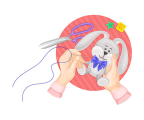 Arm Sewing Stuffed Toy Hare Holding Needle and Thread Vector Illustration