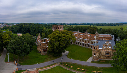 Fototapeta na wymiar Panoramic view of Tworkau Castle ruins, Tworków in Poland. Drone photography.