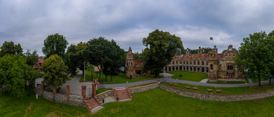 Naklejka premium Panoramic view of Tworkau Castle ruins, Tworków in Poland. Drone photography.