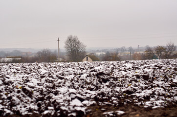 Snow on a plowed field near the village