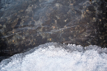 Winter stream. Texture of frozen water. View from above.