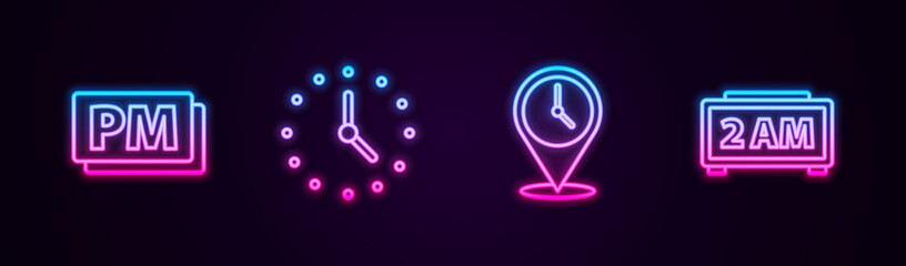 Set line Clock PM, , Location with clock and Digital alarm. Glowing neon icon. Vector.