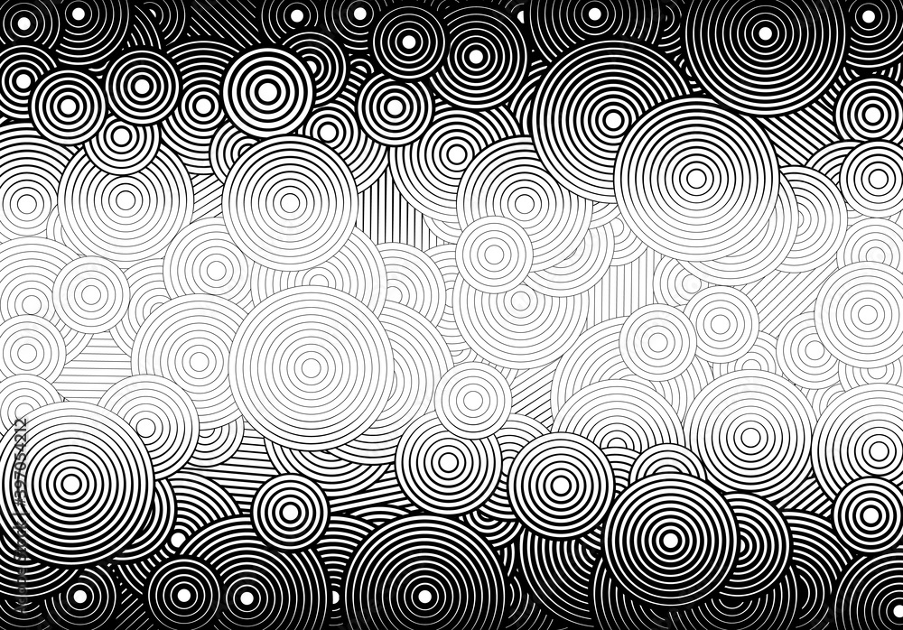 Poster Abstract psychedelic background with circles and lines of various widths in retro illusion style
