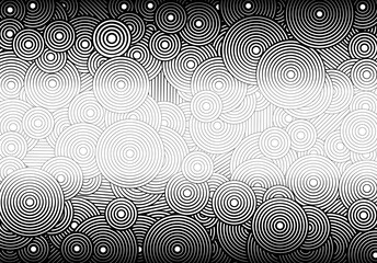 Abstract psychedelic background with circles and lines of various widths in retro illusion style