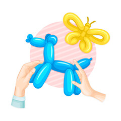 Hands Doing Balloon Modelling or Twisting as Handmade Craft Vector Illustration