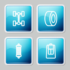 Set line Chassis car, Car tire, Shock absorber and key with remote icon. Vector.