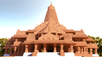illustration of Hindu mandir of India with Hindi text meaning Shree Ram temple, 3D Rendered Model of Ayodhya 