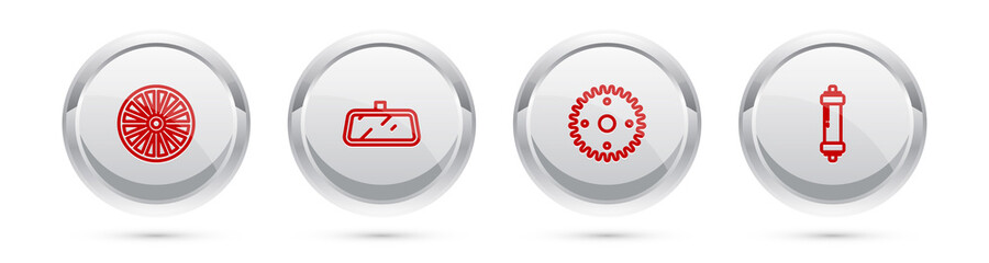 Set line Alloy wheel, Car mirror, Gear and Shock absorber. Silver circle button. Vector.