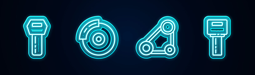 Set line Car key with remote, brake disk caliper, Timing belt kit and . Glowing neon icon. Vector.