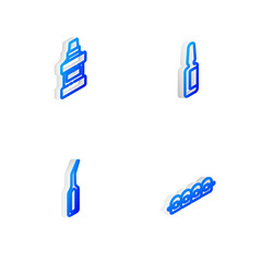 Set Isometric line Painkiller tablet, Mouthwash bottle, Dental explorer scaler and Teeth with braces icon. Vector.