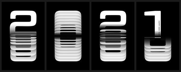 Happy New Year 2021. Vector illustration of paper cut in black and white, 3d realistic Flip Text Effect. Design for flyers, greetings, and invitations. Vector illustration