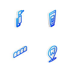 Set Isometric line Tube of toothpaste, Tooth drill, Dentures model and Dental clinic location icon. Vector.