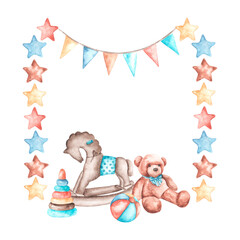 Watercolor baby frame. Baby shower, Birthday. Newborn, little boy. Kids toys. Wooden horse, pyramid, ball, bear, stars, flags. Illustration isolated. For printing on postcards, invitations, albums.