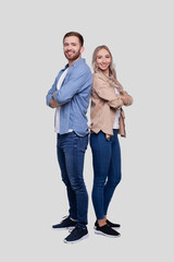 Couple Standing Back to Back Smilling Isolated. Man and Woman Hugging, Lovers, Friends, Couple Concept