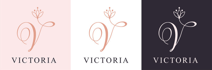 Letter V logo template. Monnogram, delicate floral design. Personal logo. Vector design. - obrazy, fototapety, plakaty
