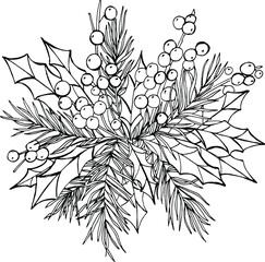 Christmas bouquet with fir twigs, berries and leaves. Anti-stress coloring book for adults, suitable for postcards.