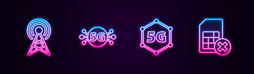 Fototapeta premium Set line Antenna, 5G network, and Sim card rejected. Glowing neon icon. Vector.