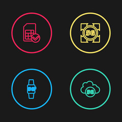 Set line Smart watch 5G network, Cloud, and Sim card icon. Vector.