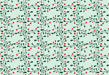 Christmas seamless pattern with mistletoe. Modern texture with and drawn leaves and berries, trendy botanical elements for wallpaper, wrapping, textile and print. New year vector illustration