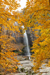 View of the waterfall in autumn. Waterfall in autumn colors. Suuctu Waterfalls, Bursa, Turkey.