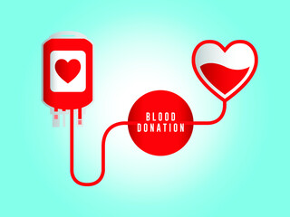 The beautiful clean vector of blood donation concept, see red line way out from blood bag to red circle with wording and end at a heart, on light blue gradient background, in vintage retro style