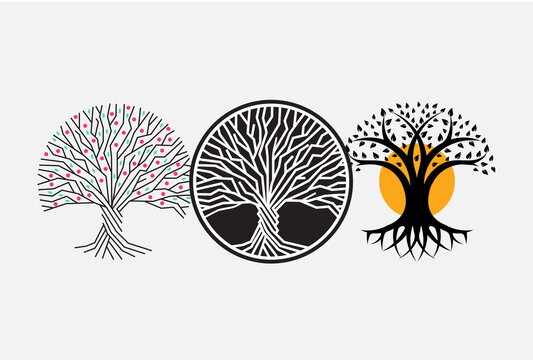 Trunk, root, and branches of tree vector round logo concept. Forest isolated icon on white background. Wisdom symbol for education graphic or business