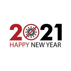 Happy New Year 2021 with zeros as bacteria corona virus. Vector icon illustration