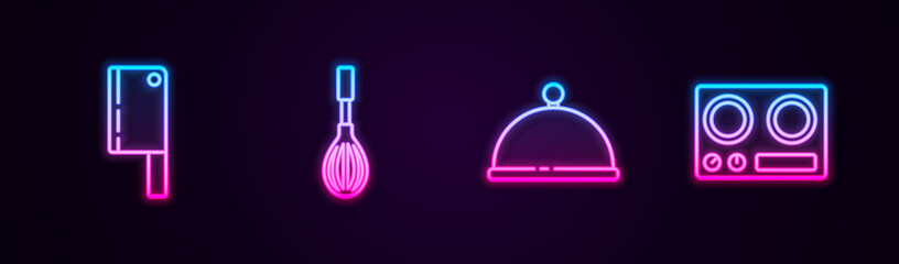 Set line Meat chopper, Kitchen whisk, Covered with tray and Gas stove. Glowing neon icon. Vector.