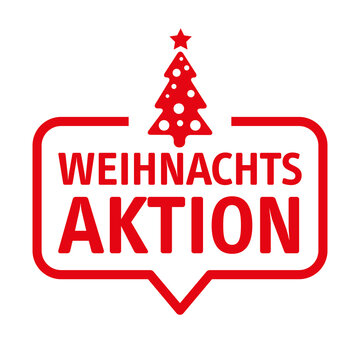 Weihnachtsaktion - rote Sprechblase mit deutschem Text und Weihnachtsbaum