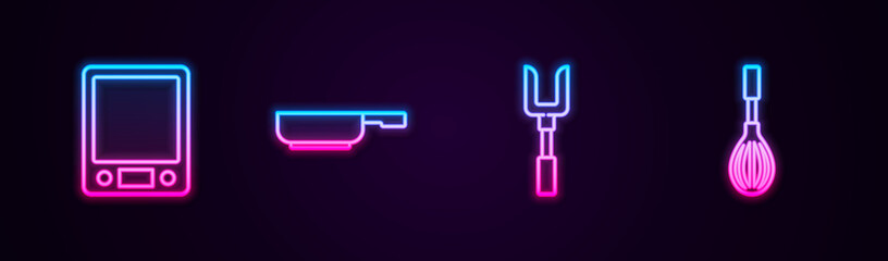 Set line Electronic scales, Frying pan, Barbecue fork and Kitchen whisk. Glowing neon icon. Vector.