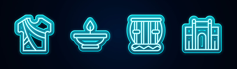 Set line Indian man dress, Aroma lamp, Instrument tabla and Gate in Delhi. Glowing neon icon. Vector.