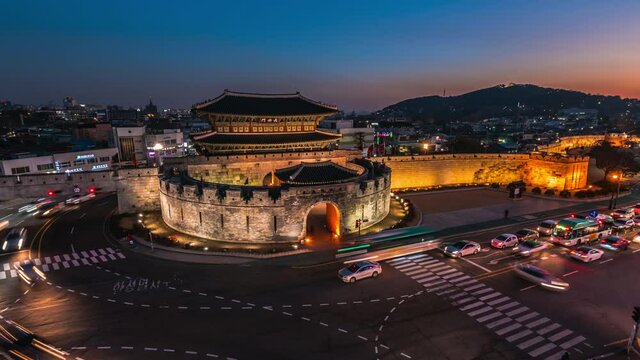 Time lapse Traffic at Janganmun Gate at Hwaseong Fortress Twilight in Suwon South Korea,