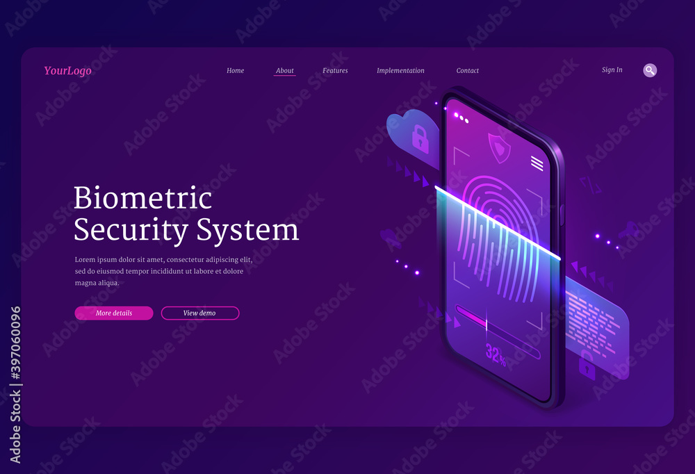 Poster biometric security system isometric landing page. personal data protection, online access on smartph