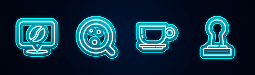Set line Location with coffee bean, Coffee cup, and tamper. Glowing neon icon. Vector.