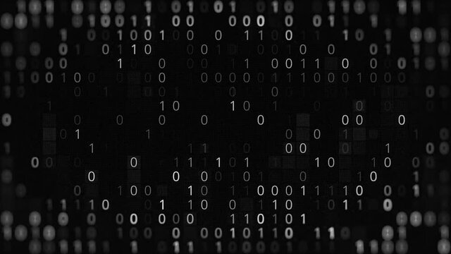 Black and white background with code zero and one. Animation. Binary code on black background. Failure in binary code system. Programming using binary code