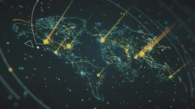Flashing glowing World map with highlighted areas and interstate connections. Scanning of Global Map through hi-tech futuristic sight and visuals with connecting light points and lines.