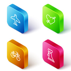 Set Isometric line Plane, Amour with heart and arrow, Bicycle and French rooster icon. Vector.