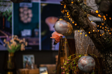 Beautiful decoration. Shopping on traditional Christmas market in european city. Illumination and decorations. Traditional christmas market in the historic center. Festive fair on background.