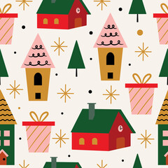 Boho Seamless Christmas Pattern with Houses and Gifts in Vector.