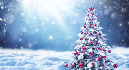 Fototapeta na wymiar Snowy Christmas Tree With Red Balls In A Winter Landscape