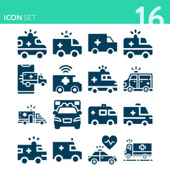 Simple set of 16 icons related to funny wagon