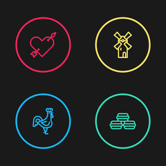 Set line French rooster, Macaron cookie, Windmill and Amour with heart and arrow icon. Vector.
