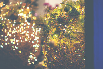 Blurry Christmas lights festive background.