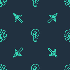 Set line Light bulb with leaf, Wind turbine and Leaf plant gear machine on seamless pattern. Vector.