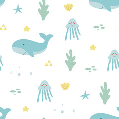 Hand drawn sea life seamless pattern. Unique marine life objects. Save the ocean texture. Doodle underwater seascape. Sea fauna with whale, shell, jellyfish, corals. Vector Illustration