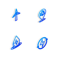 Set Isometric line Recycle, Wind turbine, Water energy and Lightning bolt icon. Vector.