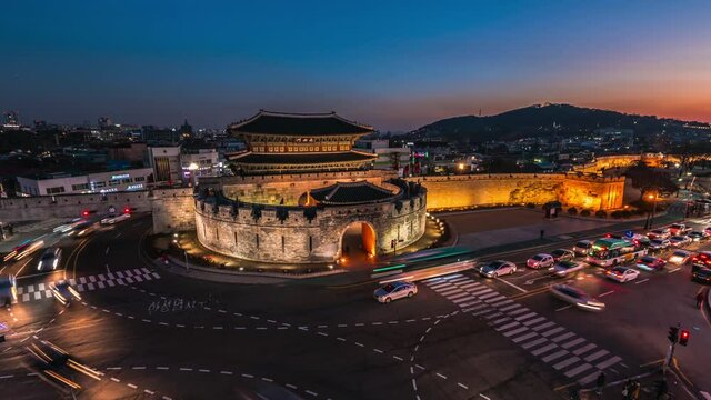 Time lapse Traffic at Janganmun Gate at Hwaseong Fortress Twilight in Suwon South Korea,