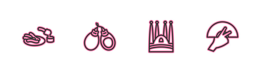 Set line Churros and chocolate, Sagrada Familia, Castanets and Fan flamenco icon. Vector.