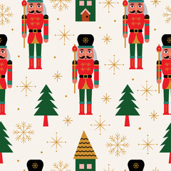 Seamless Christmas Pattern with Nutcracker and Christmas Tree in Vector. 